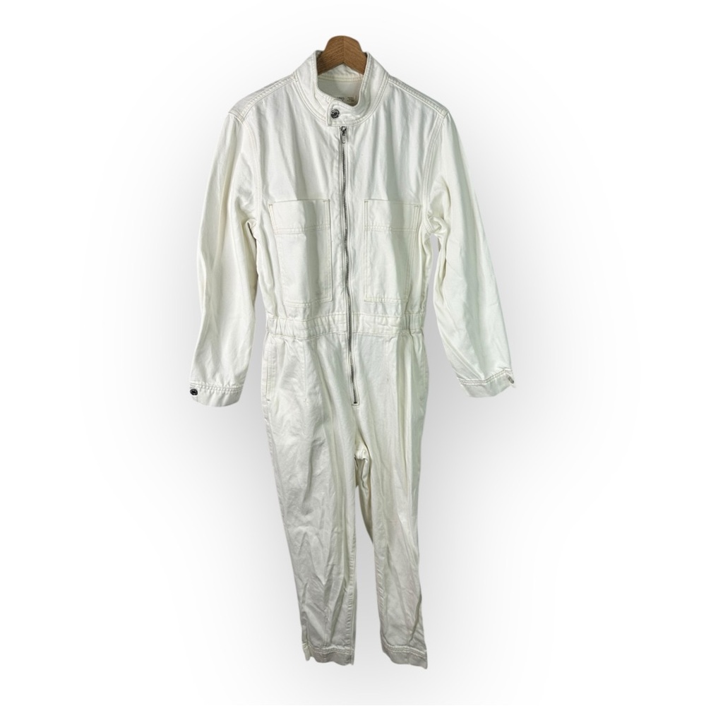 Mango size Large Long Sleeve Off White Utility Denim Jumpsuit Boilersuit - Picture 4 of 12